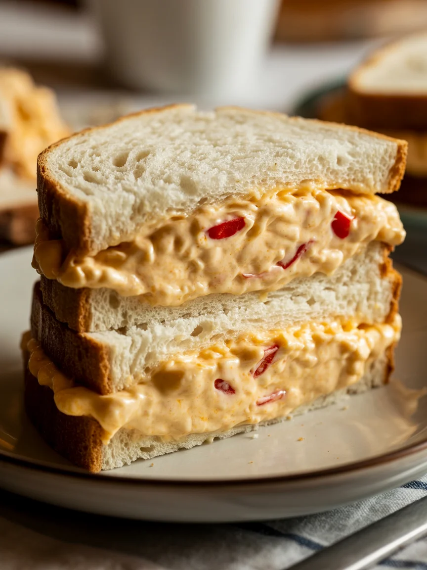 Pimento cheese sandwich on white bread with creamy spread and diced peppers