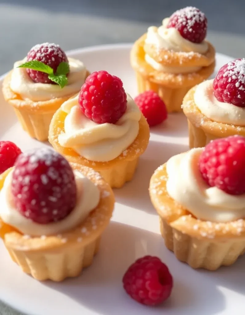 Mini raspberry cream cheese bites with flaky pastry shells, creamy filling, and fresh raspberries dusted with powdered sugar.
