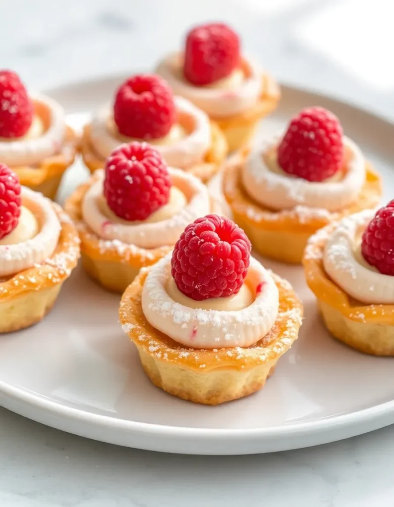 Raspberry cream cheese bites with golden mini pastry shells, creamy filling, and fresh raspberries dusted with powdered sugar.