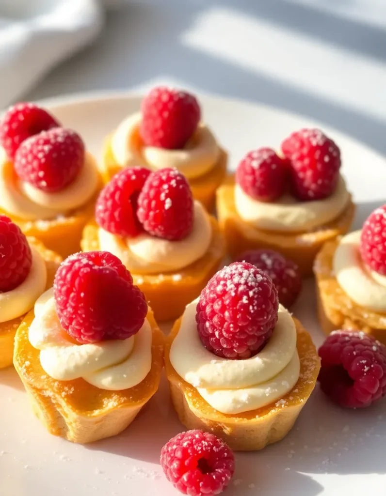 Raspberry cream cheese bites with flaky pastry shells, creamy filling, and fresh raspberries dusted with powdered sugar.