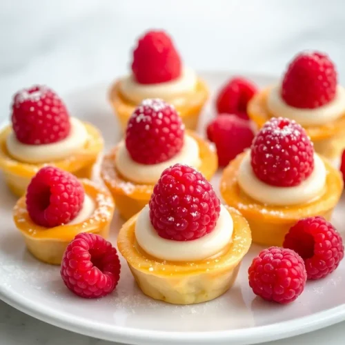Raspberry cream cheese bites with mini tart shells, smooth cream filling, and fresh raspberries topped with powdered sugar.