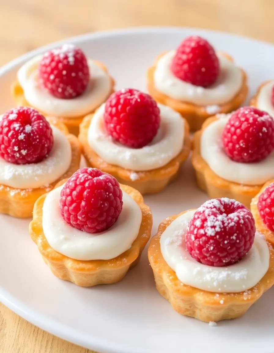 Raspberry cream cheese bites with flaky crust, creamy filling, and fresh raspberries on top.