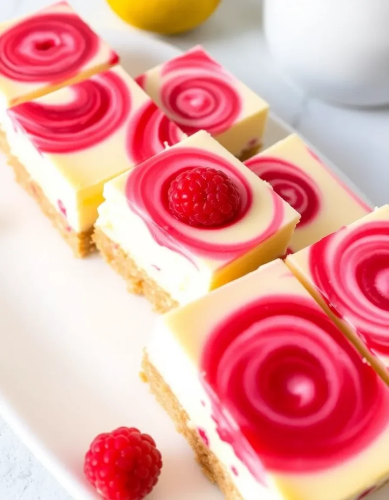 Raspberry lemon cheesecake bars with swirl topping, creamy filling, and a graham cracker crust.