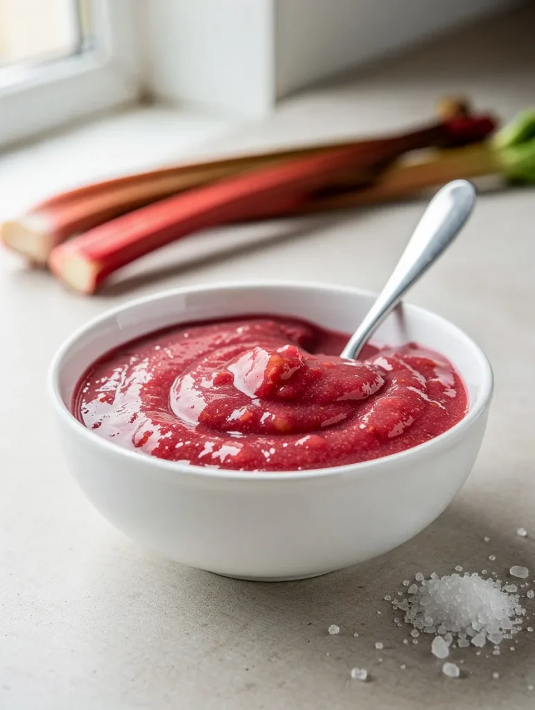Smooth rhubarb sauce in a white bowl with spoon and fresh rhubarb in background