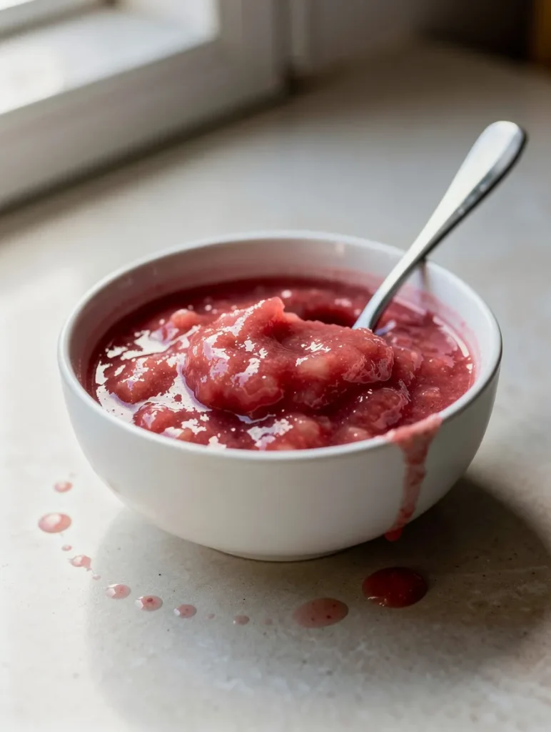 Chunky rhubarb sauce in a white bowl with spoon and slight spill on the side
