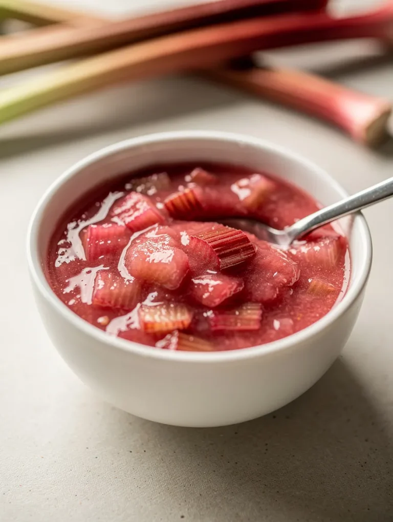 Homemade rhubarb sauce in a white bowl with spoon and fresh rhubarb pieces