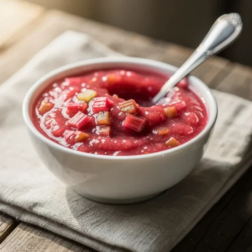 Homemade rhubarb sauce in a white bowl with visible rhubarb chunks on a rustic wooden table
