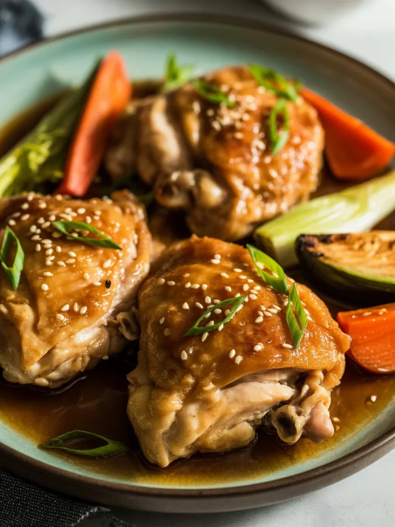Roasted miso chicken thighs with sesame seeds, green onions, and vegetables in sauce
