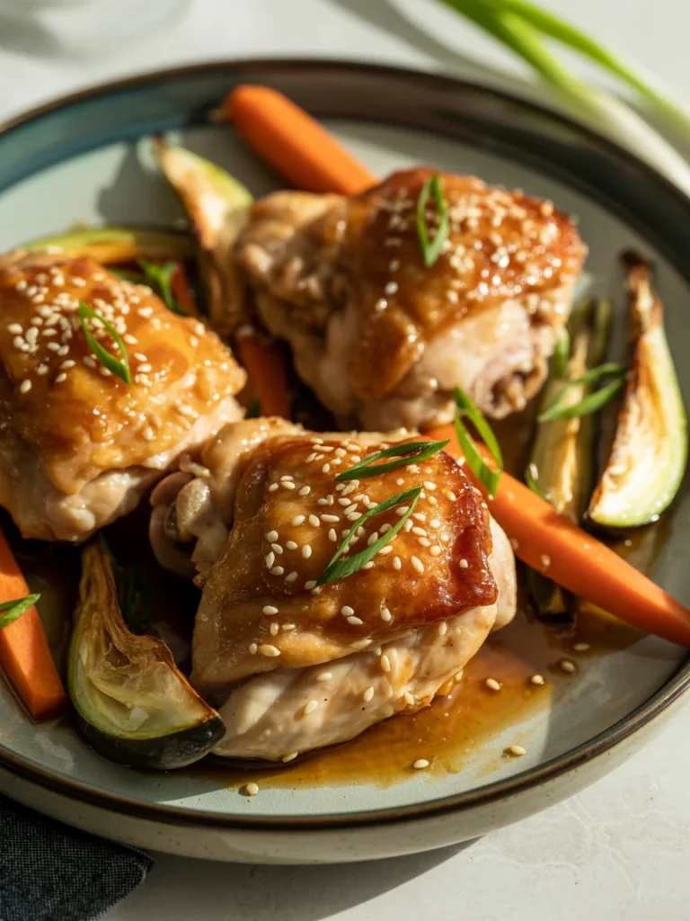 Roasted miso chicken thighs with sesame seeds, green onions, and roasted vegetables on a plate