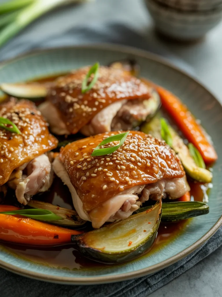 Roasted miso chicken thighs with sesame seeds, glazed sauce, and roasted vegetables