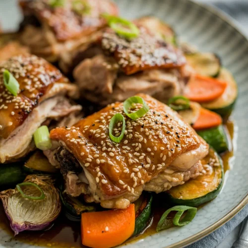 Roasted miso chicken thighs with sesame seeds and green onions served with roasted vegetables