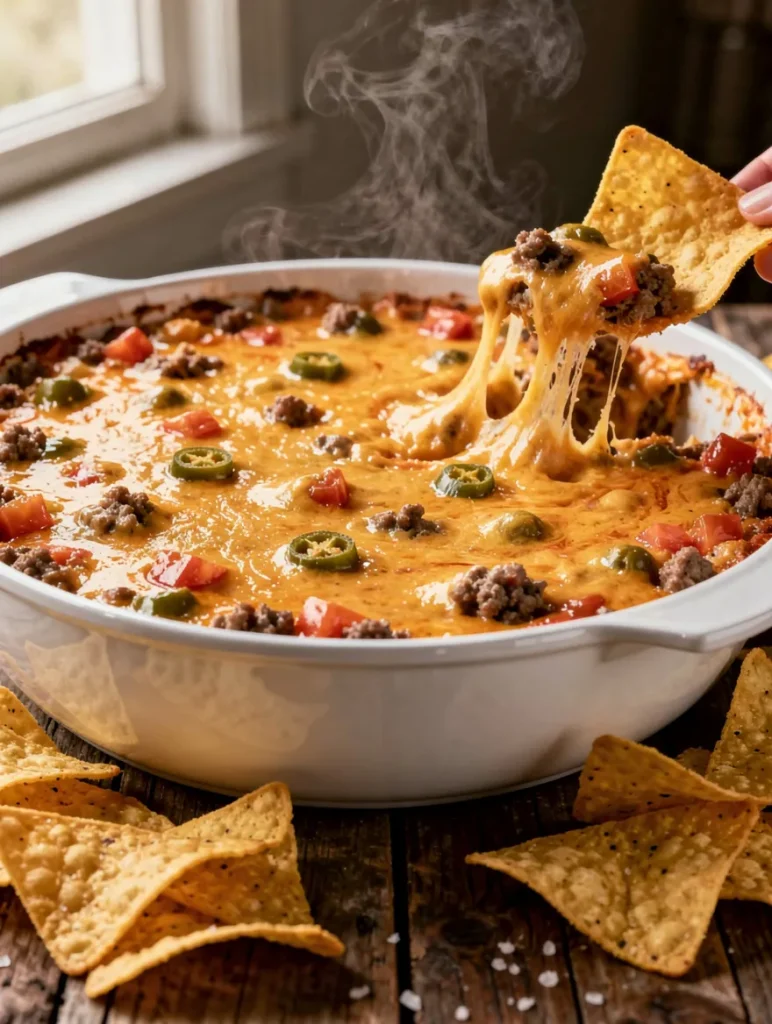 Cheesy Rotel dip with ground beef and jalapeños being scooped with tortilla chip