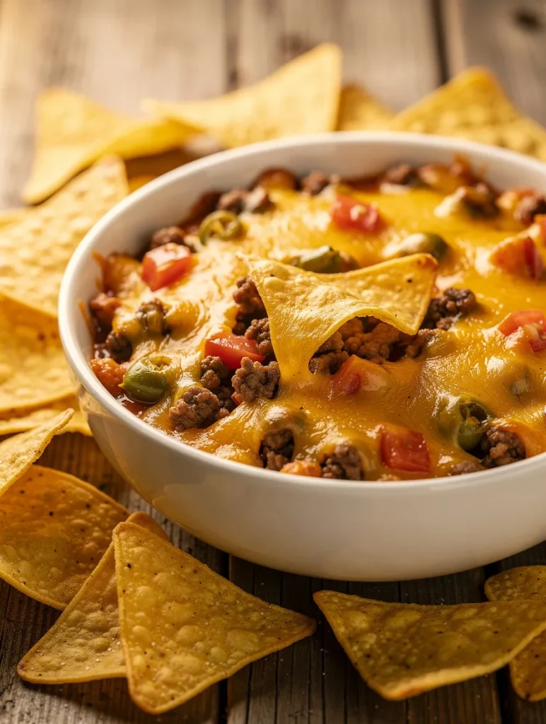 Creamy Rotel dip with melted cheese, ground beef, and tomatoes served with tortilla chips