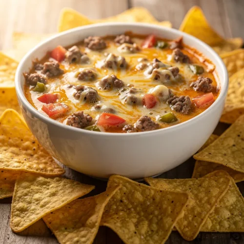 Cheesy Rotel dip with ground beef, tomatoes, and green chilies served with tortilla chips