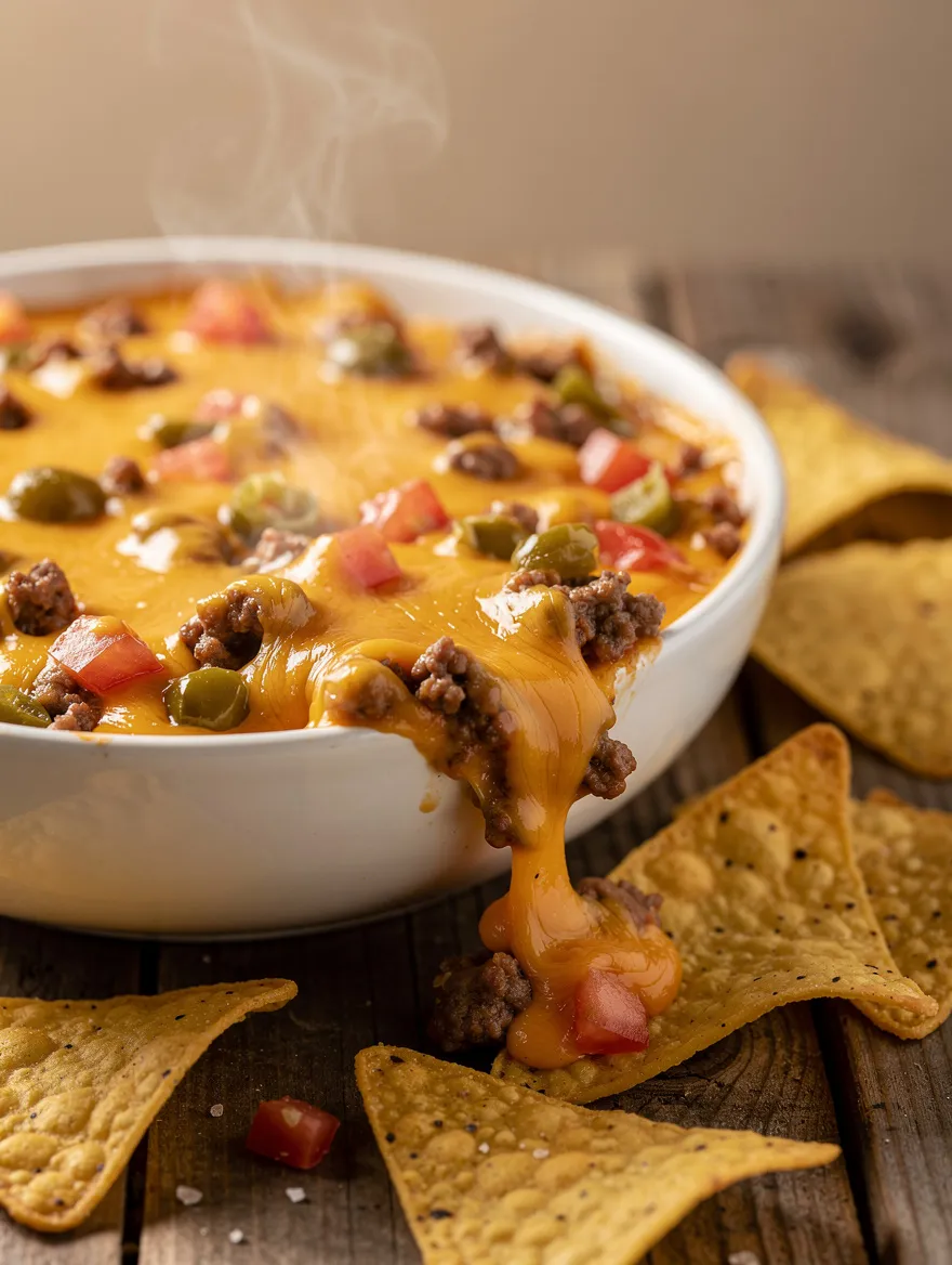 Rotel dip with melted cheese, ground beef, and tortilla chips