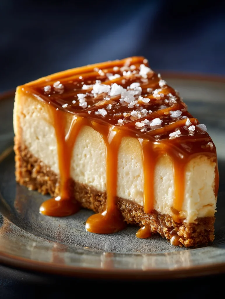 Salted caramel cheesecake slice with thick caramel drizzle and sea salt flakes.