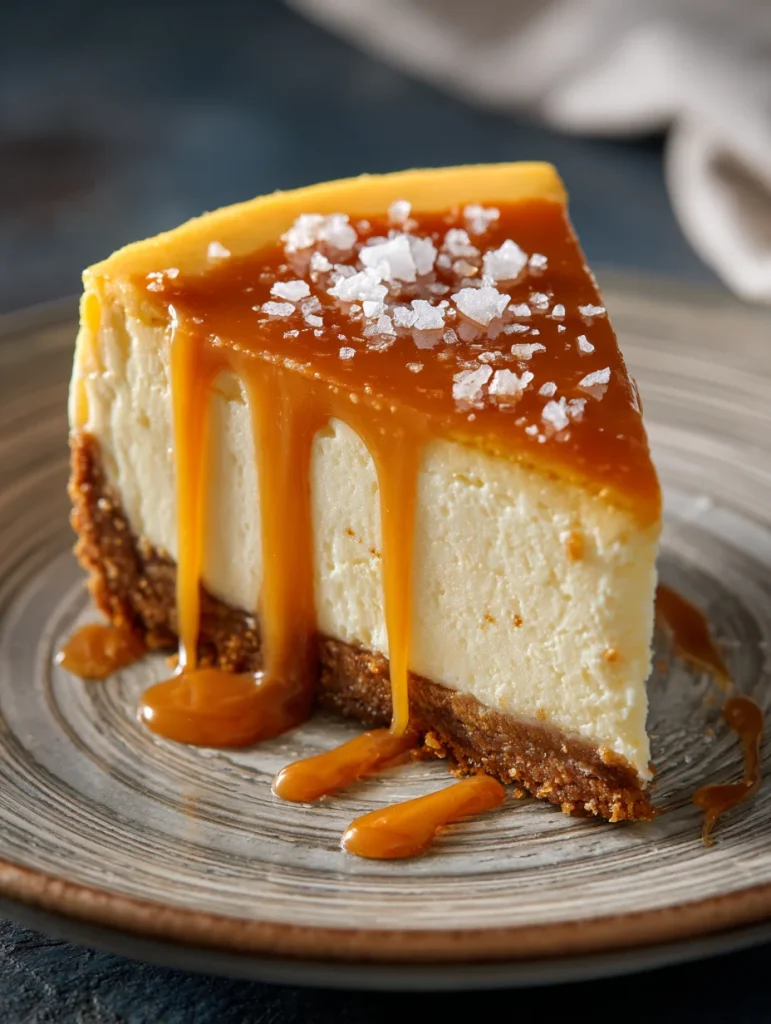 Salted caramel cheesecake slice with caramel drizzle and flaky sea salt on top.