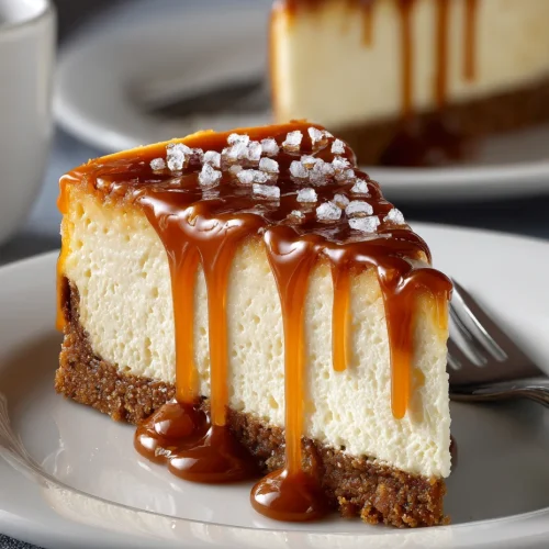 Salted caramel cheesecake slice with caramel drizzle and sea salt flakes on a plate.