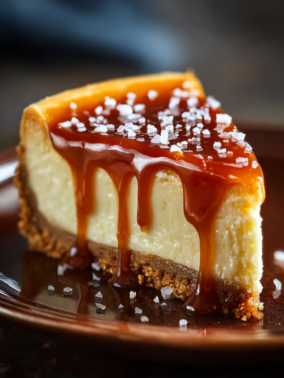 Salted caramel cheesecake slice with caramel drizzle and flaky sea salt on top.