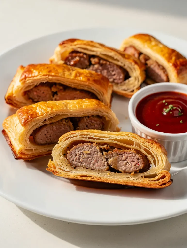 Crispy sausage rolls with flaky pastry served with ketchup on a white plate