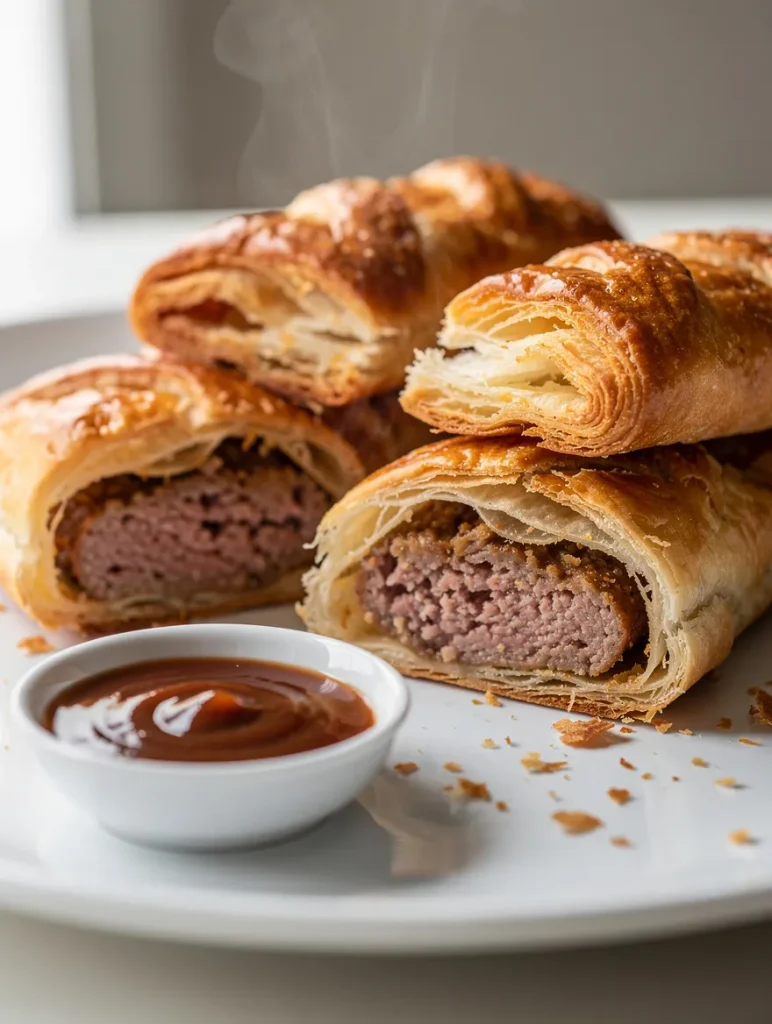 Flaky sausage rolls cut open with juicy filling and served with dipping sauce