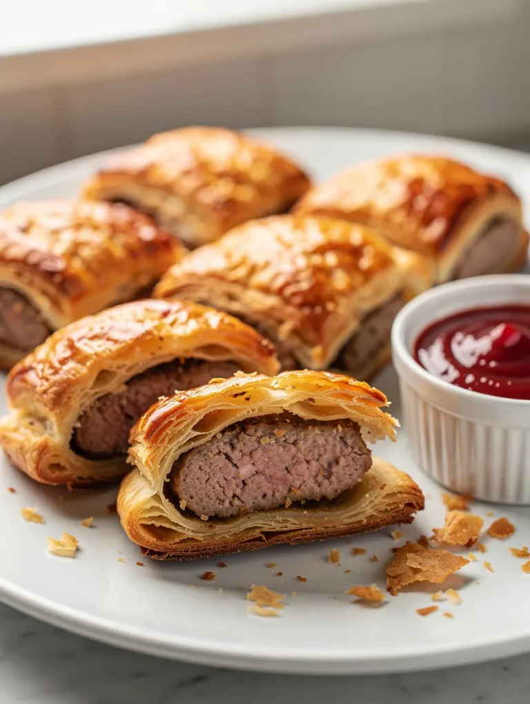 Golden flaky sausage rolls sliced open and served with ketchup on a plate