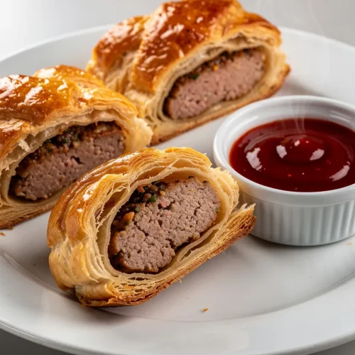 Homemade sausage rolls with flaky pastry and dipping sauce on a white plate