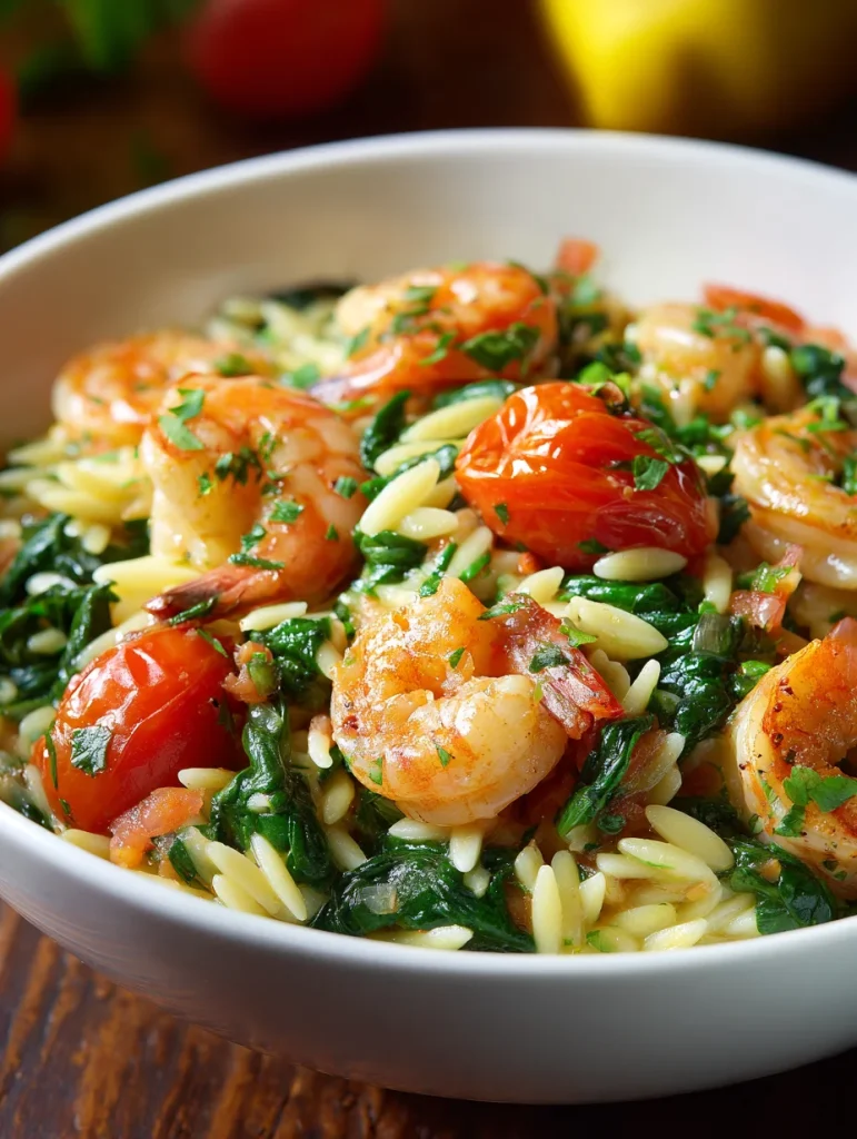 Shrimp and orzo with spinach and cherry tomatoes in a light herb sauce.