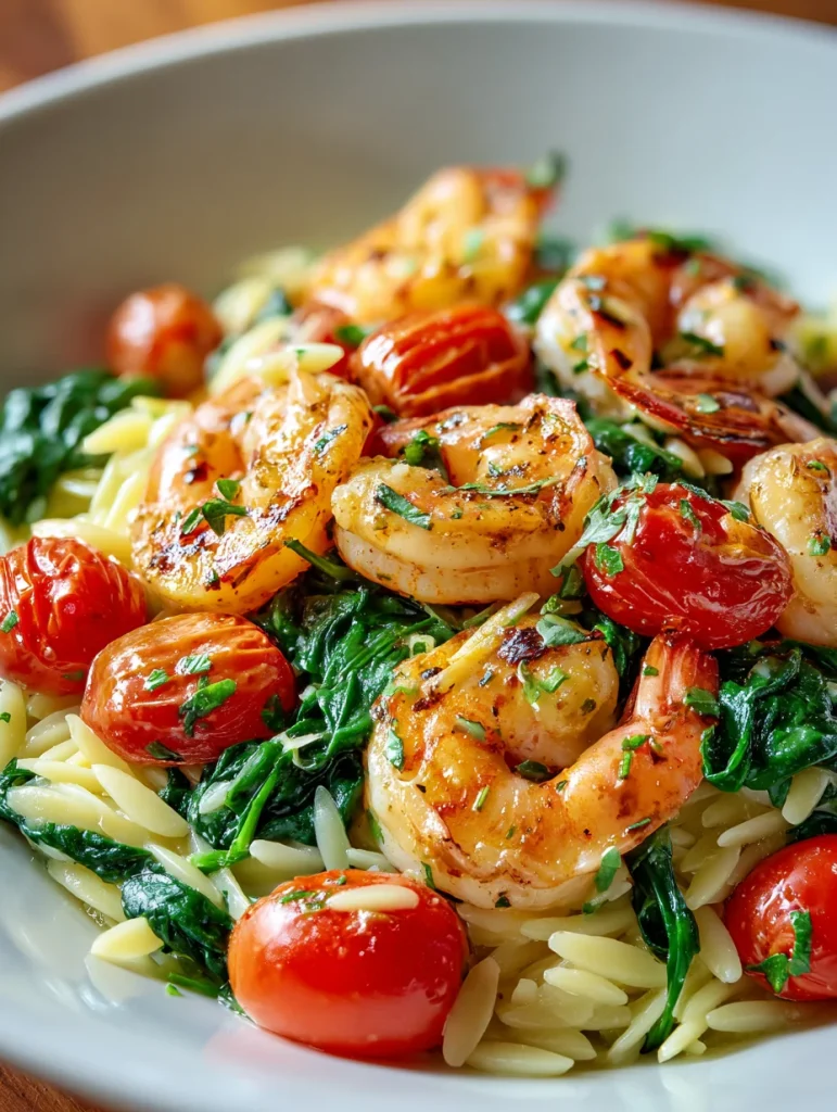 Garlic shrimp with orzo, spinach, and cherry tomatoes in a light herb sauce.