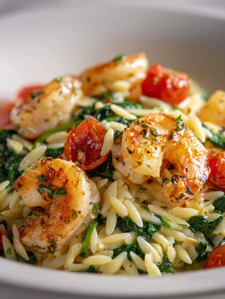 Shrimp and orzo with spinach and cherry tomatoes in a creamy sauce.