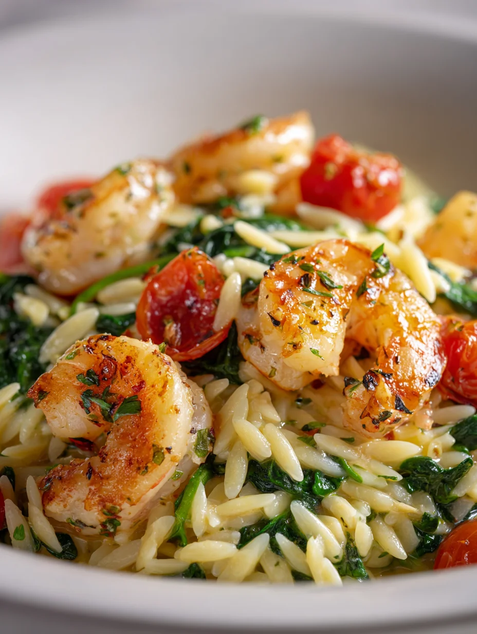 Shrimp and orzo with spinach and cherry tomatoes in a creamy sauce.