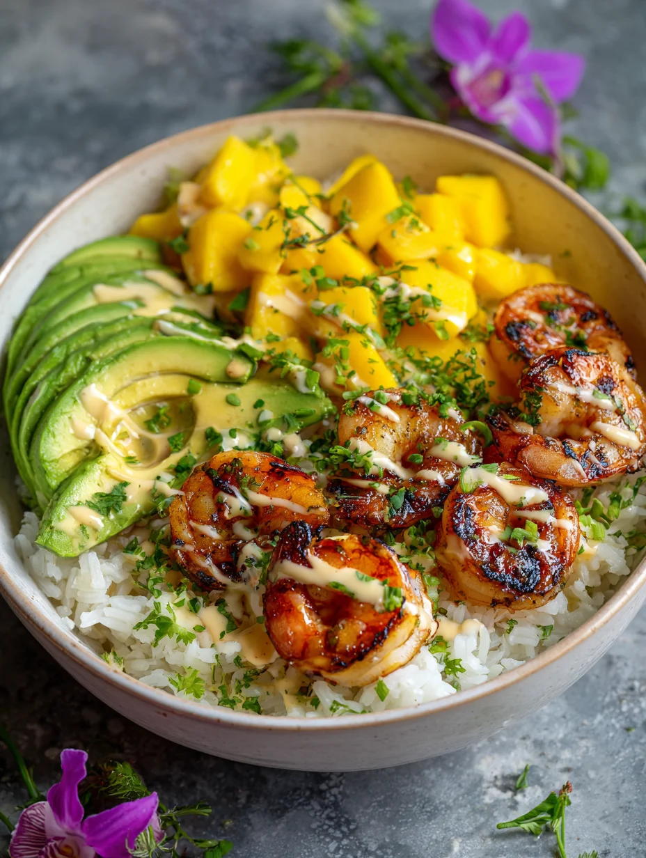 Shrimp mango rice bowl with grilled shrimp, avocado slices, and fresh mango over white rice.
