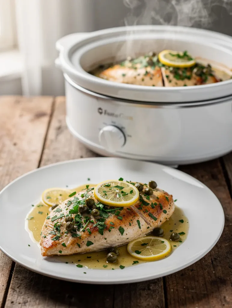 Slow cooker chicken piccata with lemon slices, capers, and parsley served on a white plate