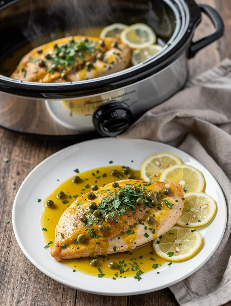 Slow cooker chicken piccata with lemon butter sauce, capers, and parsley on a white plate