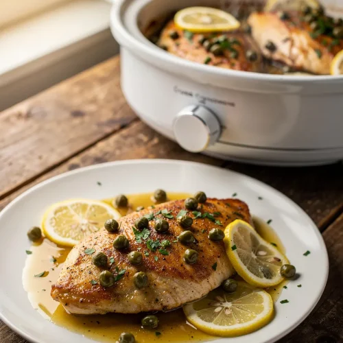 Slow cooker chicken piccata with lemon slices, capers, and parsley on a white plate