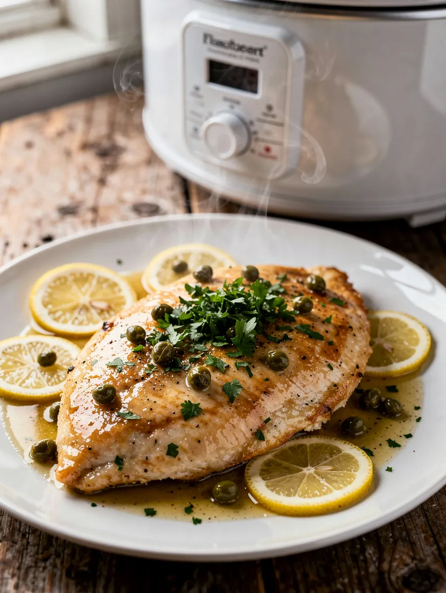 Slow cooker chicken piccata with lemon slices, capers, and parsley on a white plate
