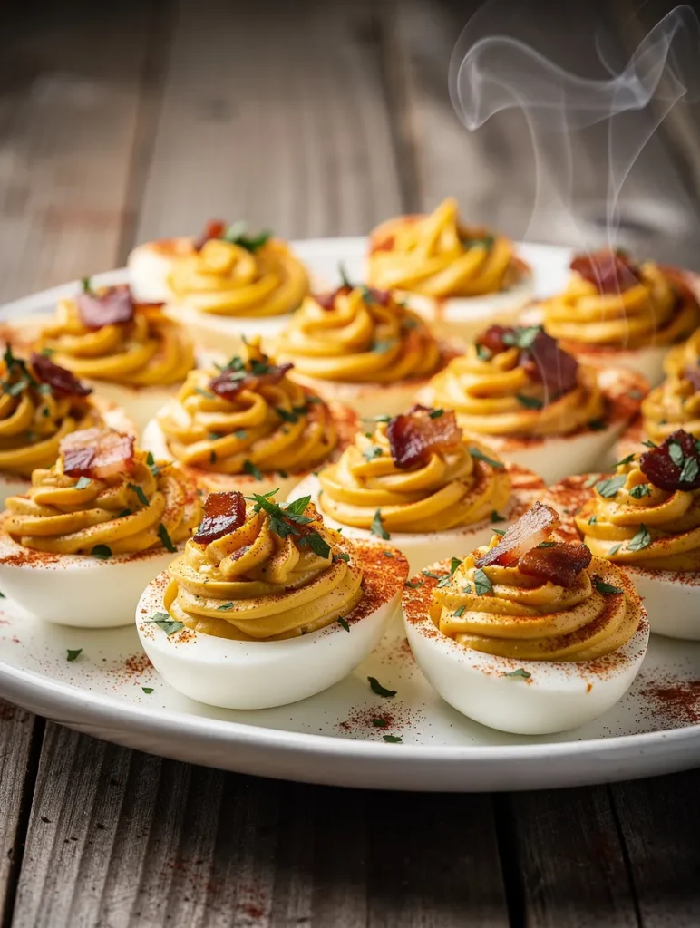 Smoked deviled eggs with bacon, paprika, and herbs on a platter