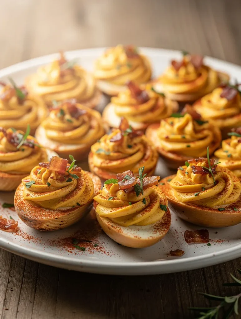 Smoked deviled eggs with bacon bits and paprika on white plate