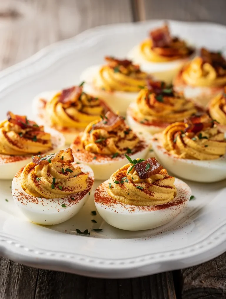 Smoked deviled eggs with paprika and crispy bacon topping