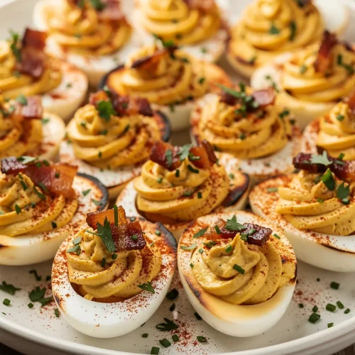 Smoked deviled eggs with crispy bacon and paprika garnish