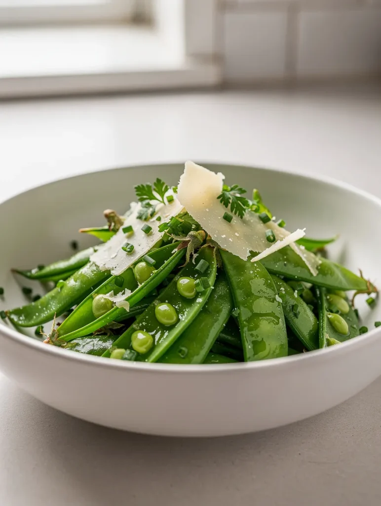 Snap pea salad with Parmesan shavings, chives, and fresh herbs