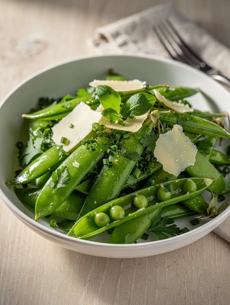 Snap pea salad with Parmesan shavings, herbs, and chives