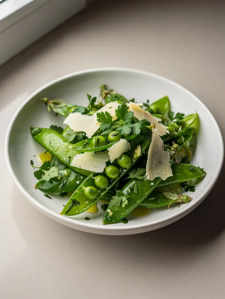 Snap pea salad with fresh peas, Parmesan shavings, and herbs