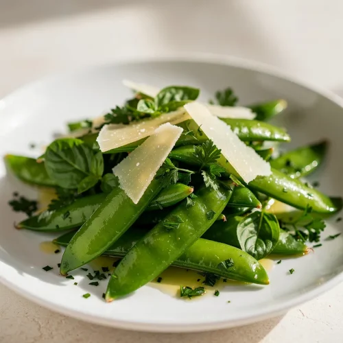 Snap pea salad with Parmesan shavings, fresh herbs, and olive oil