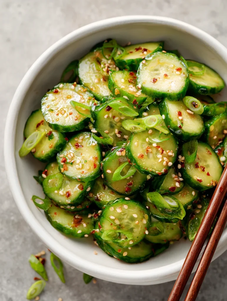 Spicy cucumber salad with sesame seeds and green onions