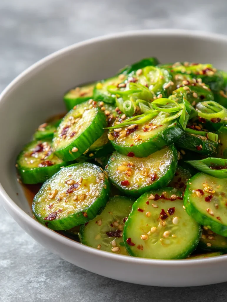 Spicy cucumber salad with chili flakes, sesame seeds, and green onions