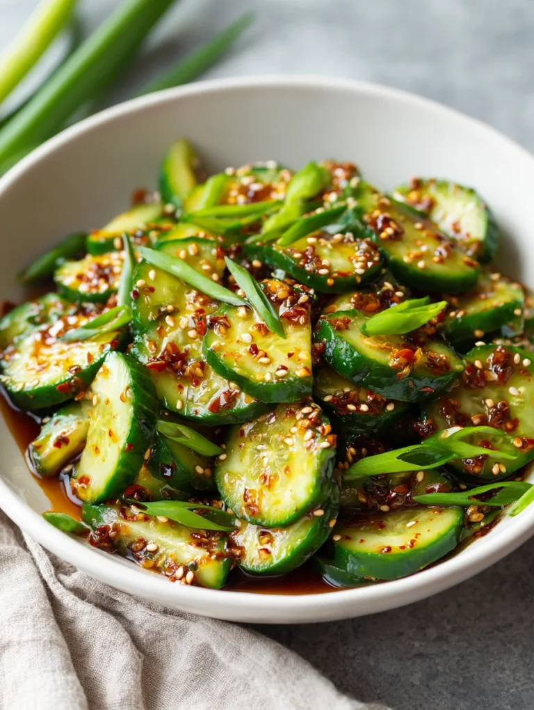 Spicy cucumber salad with chili oil, sesame seeds, and green onions