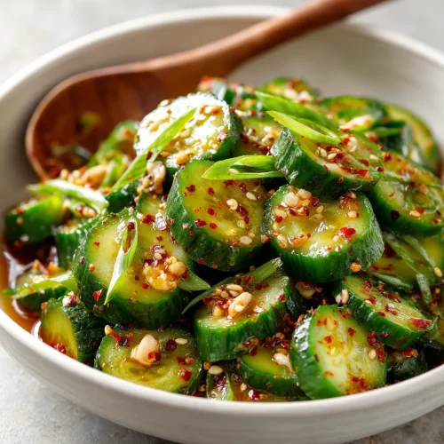 Spicy cucumber salad with chili flakes, sesame seeds, garlic, and green onions