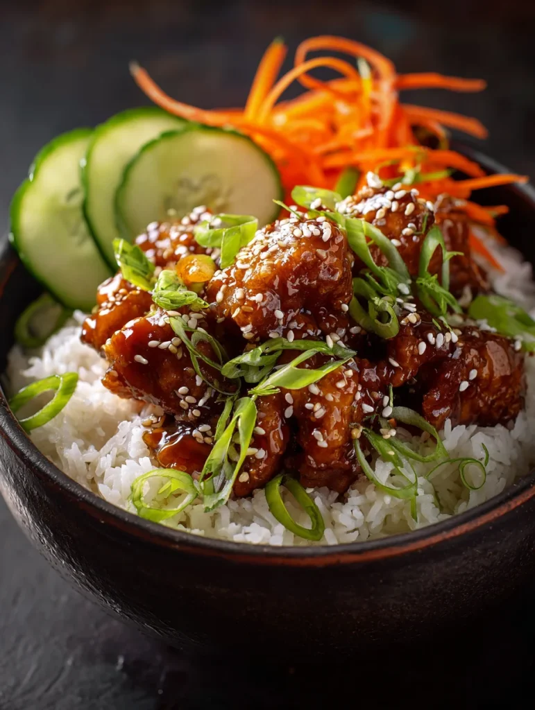 Sticky chicken rice bowl with glazed chicken, white rice, cucumbers, carrots, and sesame seeds.
