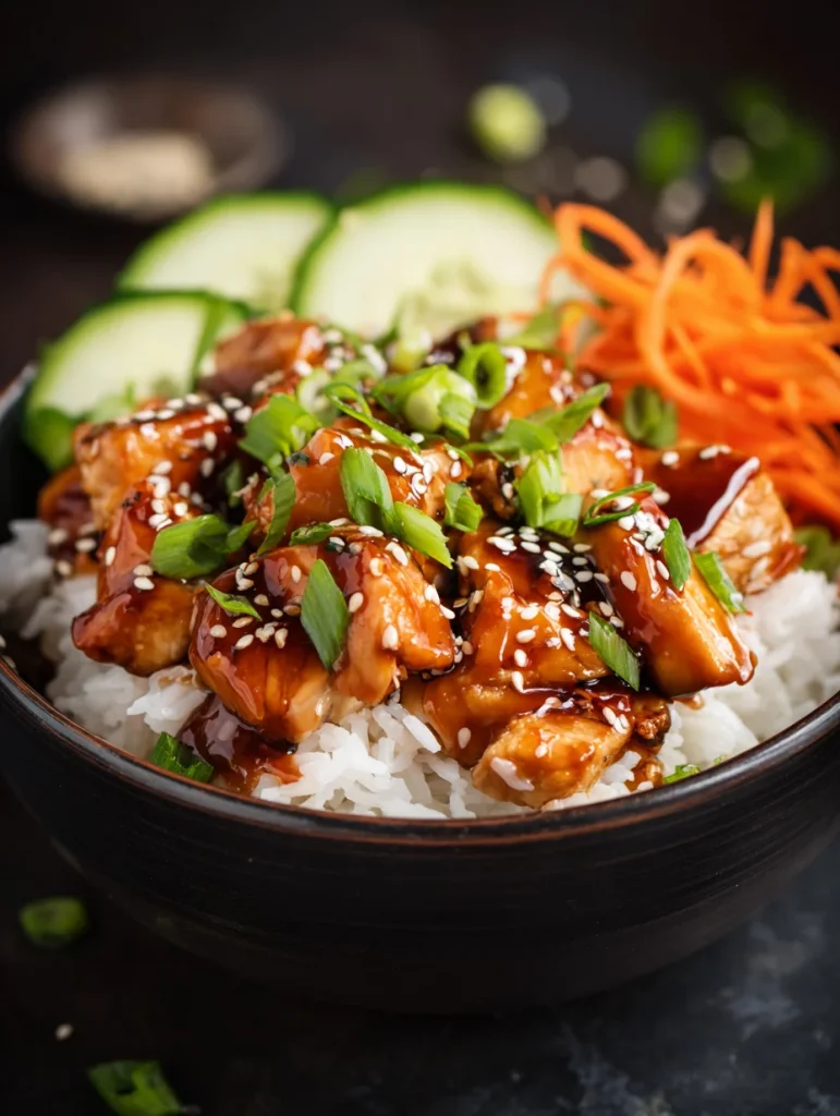 Sticky chicken rice bowl with glazed chicken, white rice, cucumbers, carrots, and green onions.